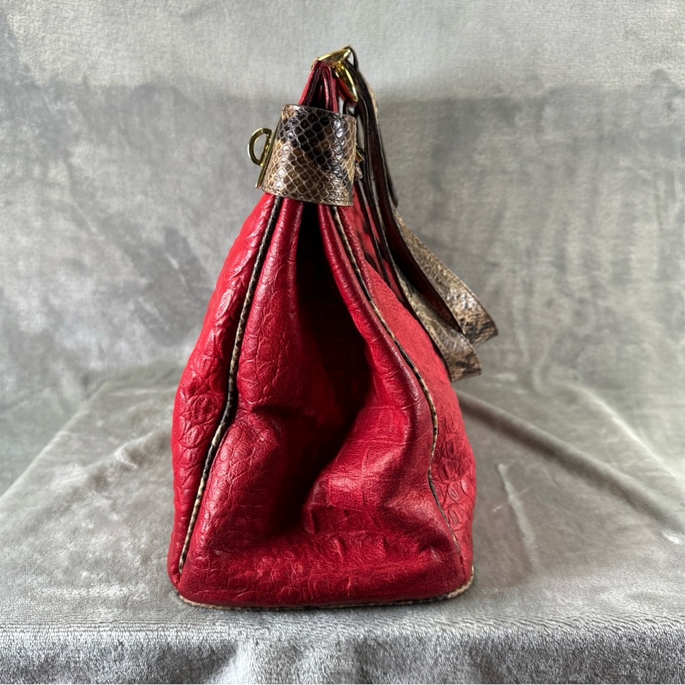 Fontanelli Handbag Purse Red Leather Croc Embossed w/ Snake Skin Trim - Picture 4 of 14